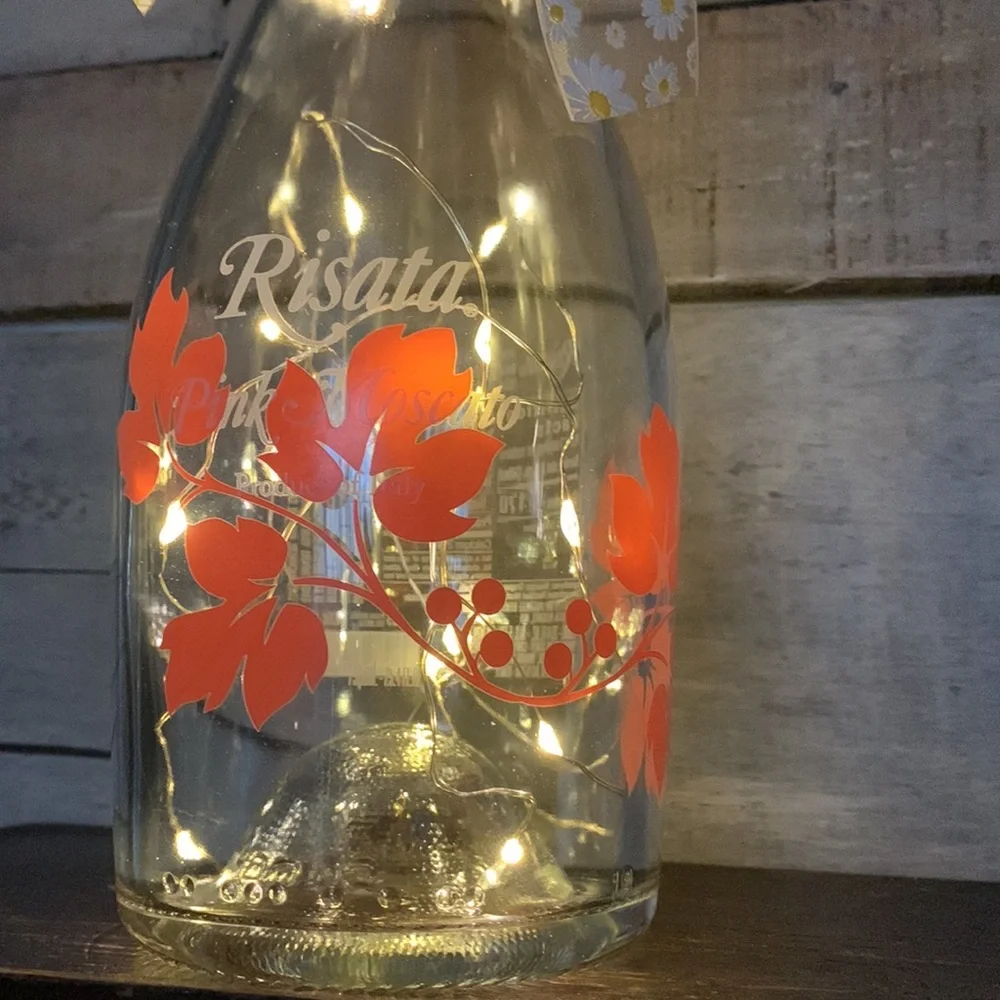 Hand Crafted wine Bottle Lantern with painted Orange Floral Design